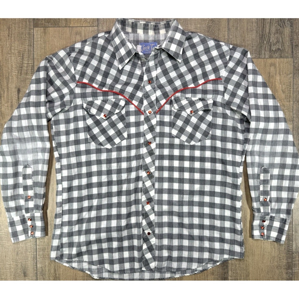 Vintage 1970s Circle T Red Piping Pearl Snap Plaid Western Shirt Mens L - Picture 2 of 12